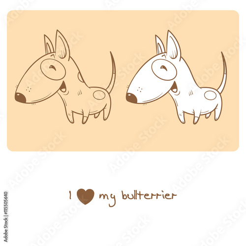 Card with cute cartoon dog breed bullterrier. Children's illustration. Little puppy. Funny baby animal.  Two variants vector contour  image, transparent background and white fill.