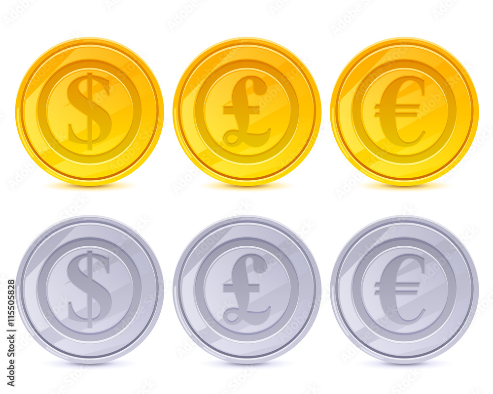 Coins vector icons set - golden and silver.