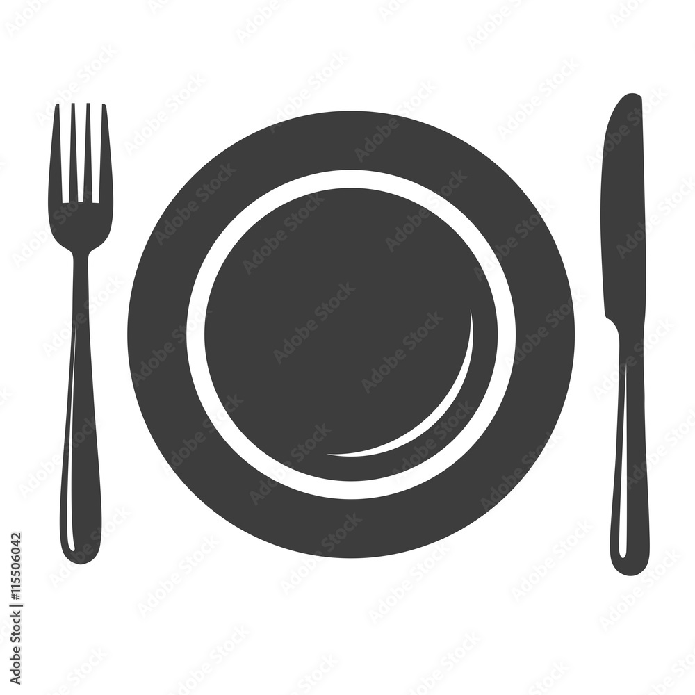 Plate with fork and knife icon, symbol, sign isolated on white Plate with fork and knife icon, symbol, sign isolated on white