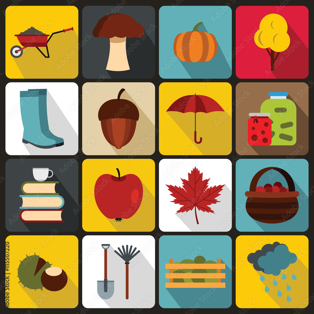 Autumn icons set in flat ctyle. Autumn elements set collection vector illustration Autumn icons set in flat ctyle. Autumn elements set collection vector illustration