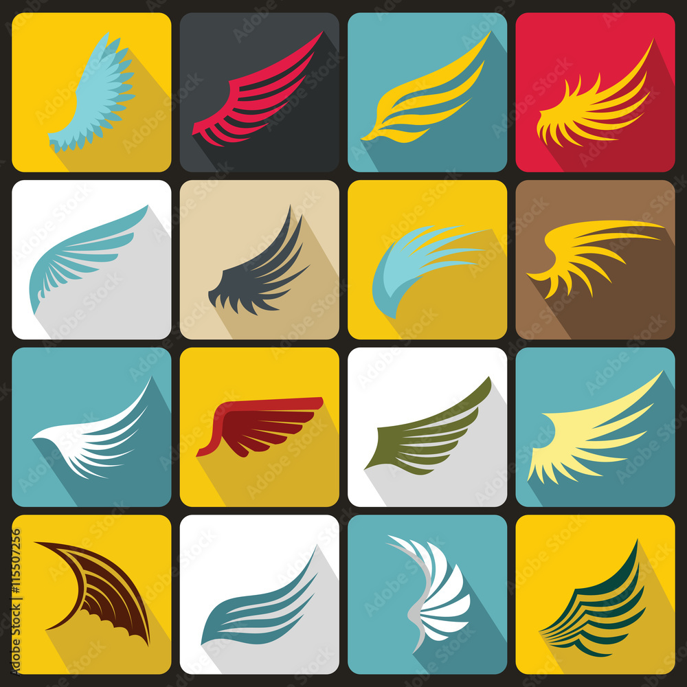 Wing icons set in flat ctyle. Birds and angel wings set collection vector illustration Wing icons set in flat ctyle. Birds and angel wings set collection vector illustration