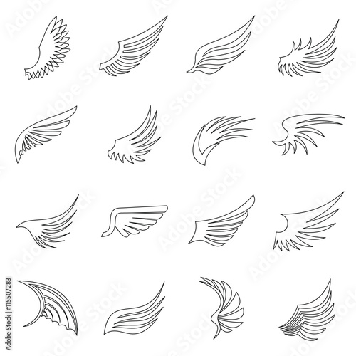 Wing icons set in outline ctyle. Birds and angel wings set collection vector illustration