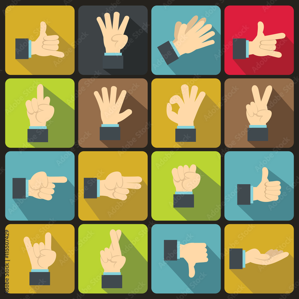 Hand gesture icons set in flat ctyle. Finger language set collection vector illustration Hand gesture icons set in flat ctyle. Finger language set collection vector illustration
