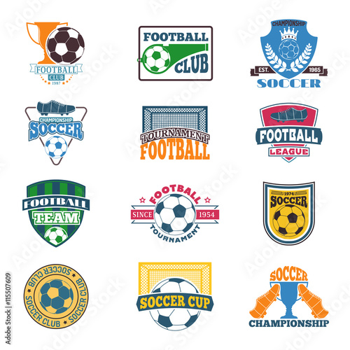 Set of soccer football badge logo design templates. Sport team identity football logo vector isolated on white background. Collection of soccer themed football logo graphics emblem game icon.