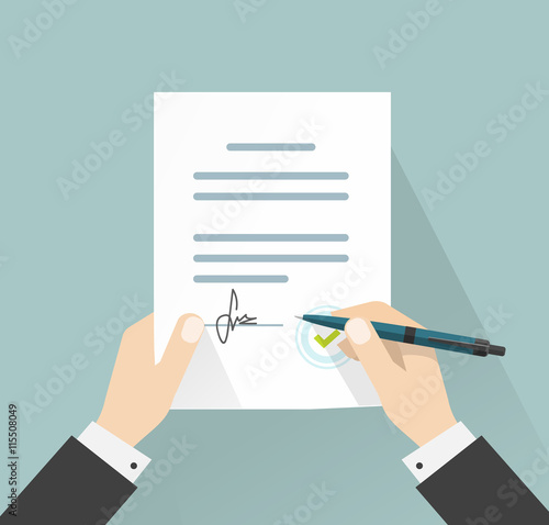 Agreement or contract deal businessman signing document vector illustration, man hands holding policy signed and pen, legal from with signature and stamp top view, flat cartoon design
