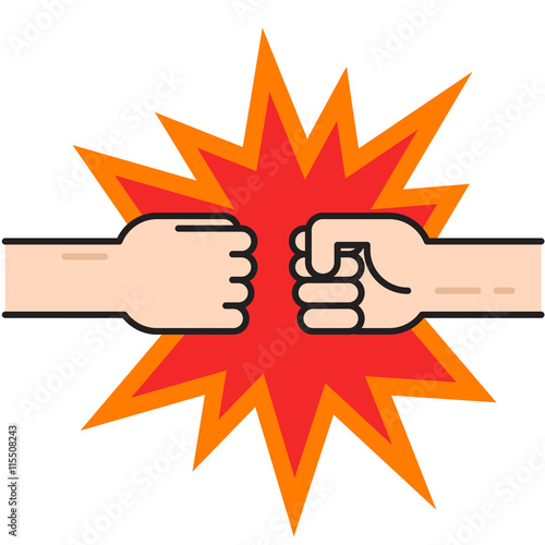 Two fists bumping together vector illustration, two hands with fists in air punching, concept of fight, strength cartoon gesture on white background, flat line outline art