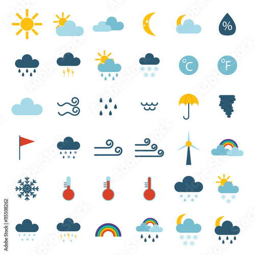 Weather icons thin line style flat design travel storm fog cold rainy climate. Weather thin icons cloud flat design. Snowflake wind, sun, web temperature nature forecast weather thin icons.