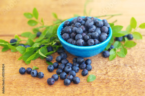 Berries of ripe juicy bilberry in a blue small  plate on a wooden table.
