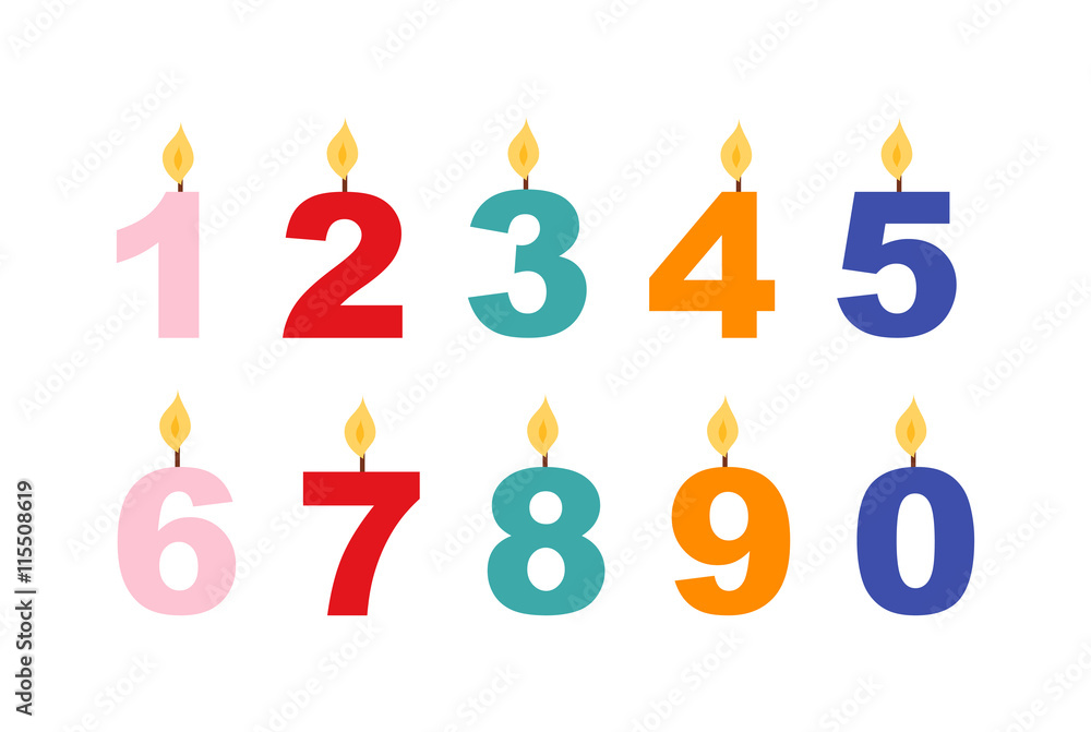 Fototapeta premium Vector numbers candles in flat style. Candles light flame christmas candlelight wax decoration. Celebration numbers glowing religion candles birthday traditional decoration. Romance night bright flame