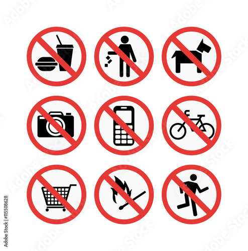 Prohibition signs set vector illustration. Warning danger symbol prohibiting signs. Forbidden safety information prohibiting signs. Protection signs no pet warning information sign. Free Download Prohibition signs set vector illustration. Warning danger symbol prohibiting signs. Forbidden safety information prohibiting signs. Protection signs no pet warning information sign. - GFXLoad