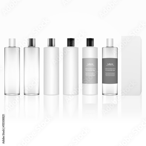 Cosmetic plastic bottle isolated. Skin care bottles for gel, liquid, lotion, cream, shampoo, bath foam. Beauty product package, vector illustration.