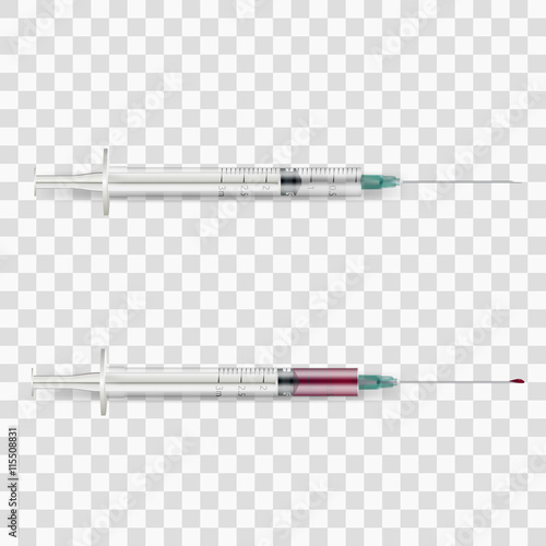 Set of realistic vector syringes with blood isolated transparent