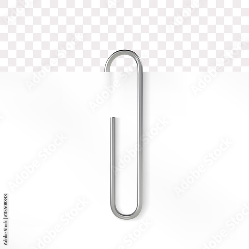 Realistic paper clip. Metallic fastener on transparent background. Vector illustration.