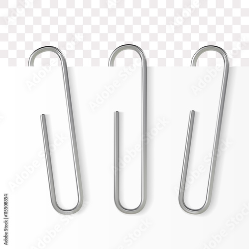 Realistic paper clip. Metallic fastener on transparent background. Vector illustration.