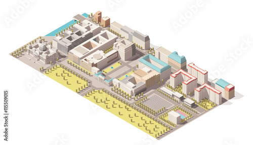 Vector Isometric infographic element representing low poly map of Berlin, Germany. Includes Reichstag building, Brandenburg gate, Holocaust memorial and nearby street buildings