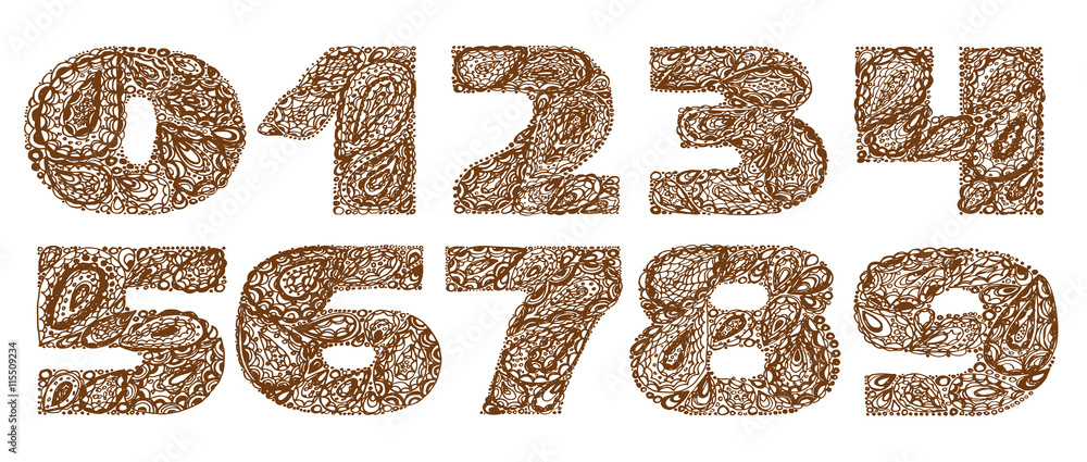 Numbers decorative set with a paisley zen doodle tattoo ornament Numbers decorative set with a paisley zen doodle tattoo ornament