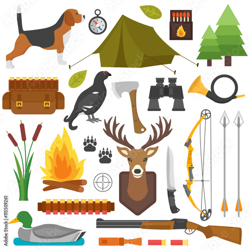 Set of vintage hunting symbols. Set of hunting and camping objects vector design elements vintage cartoon style. Deer head, hunter weapons, forest wild animals and other hunting symbols isolated.