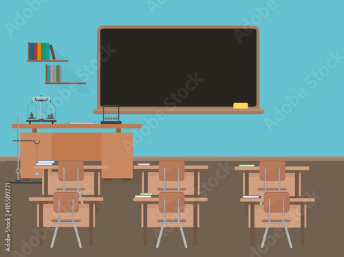 Empty school classroom with blackdesk, pupils student tables and chairs.