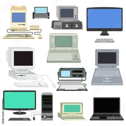 Computer technology vector set isolated display. Telecommunication equipment metal pc monitor frame computer modern office network. Old computer device electronic black equipment space.