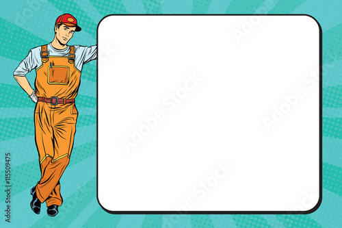 Male mechanic next to the poster