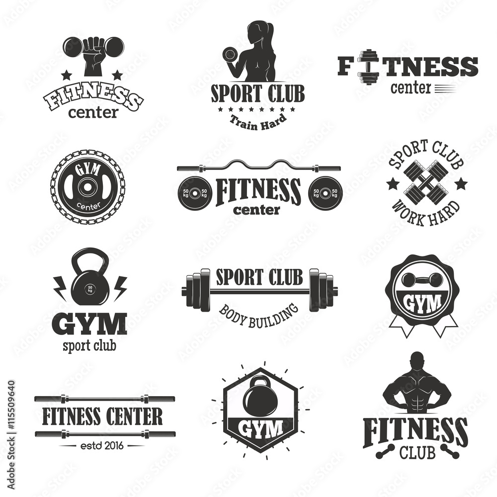 Set of monochrome gym fitness emblems, labels, badges, logos and designed elements. Gym fitness logo muscle body weight bodybuilding. Strong people club vector gym fitness logo set.
