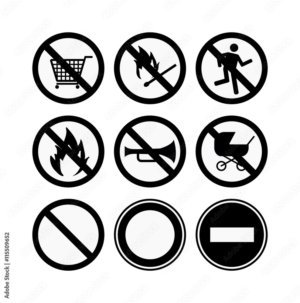 Prohibition signs black icons set vector illustration. Warning danger symbol prohibiting signs. Forbidden safety information prohibiting signs. Protection signs no pet warning information sign. Prohibition signs black icons set vector illustration. Warning danger symbol prohibiting signs. Forbidden safety information prohibiting signs. Protection signs no pet warning information sign.