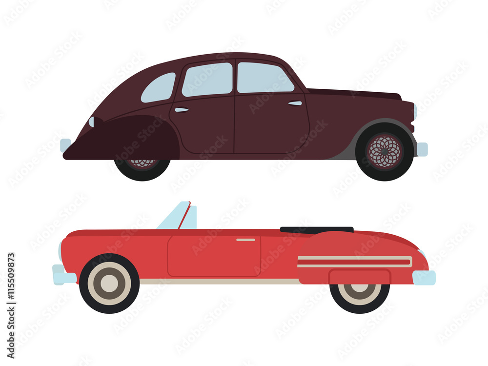 Retro cars icons vintage vector. Classic transportation auto vehicle retro car. Retro car nostalgia automobile old design. Graphic emblem race engine machine shop antique wheels set.