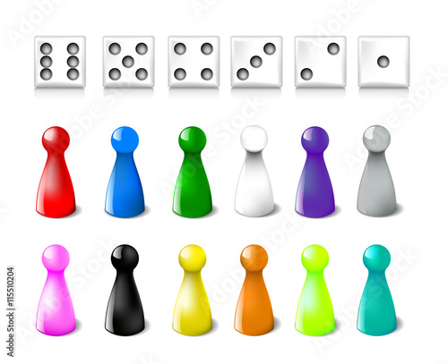 Pawns and dice different color. Vector table games illustration