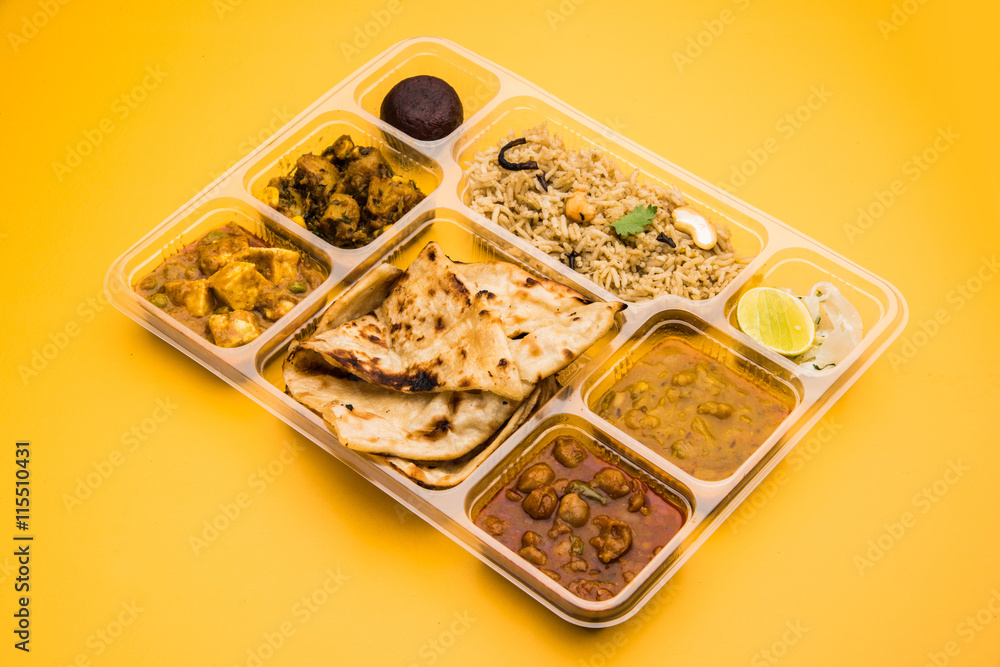 Indian vegetarian thali, Indian Thali parcel, take home food, Indian