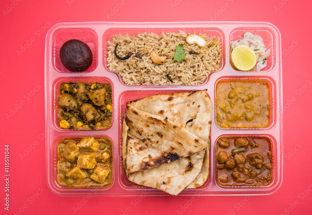 Indian vegetarian thali, Indian Thali parcel, take home food, Indian