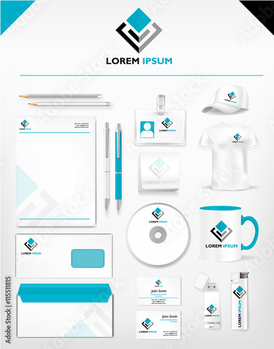 corporate identity template, realistic cup, business card, letterhead, envelope, usb stick, pen, lighter, t-shirt, hat. Abstract vector company professional  style for brand-book