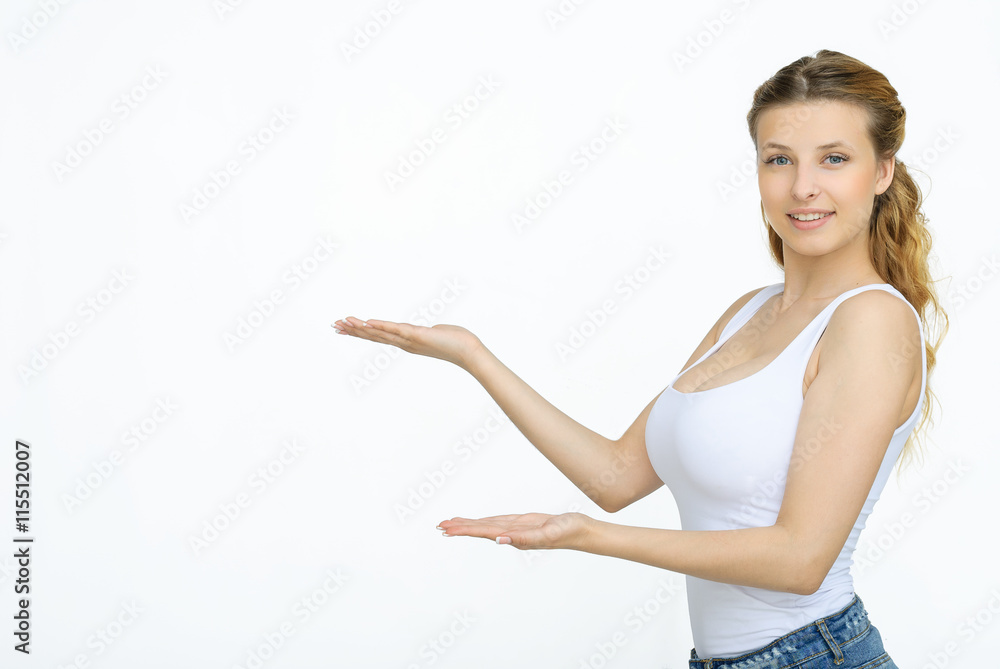 Woman showing something with open hand palm Woman showing something with open hand palm