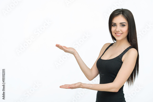Woman showing something with open hand palm