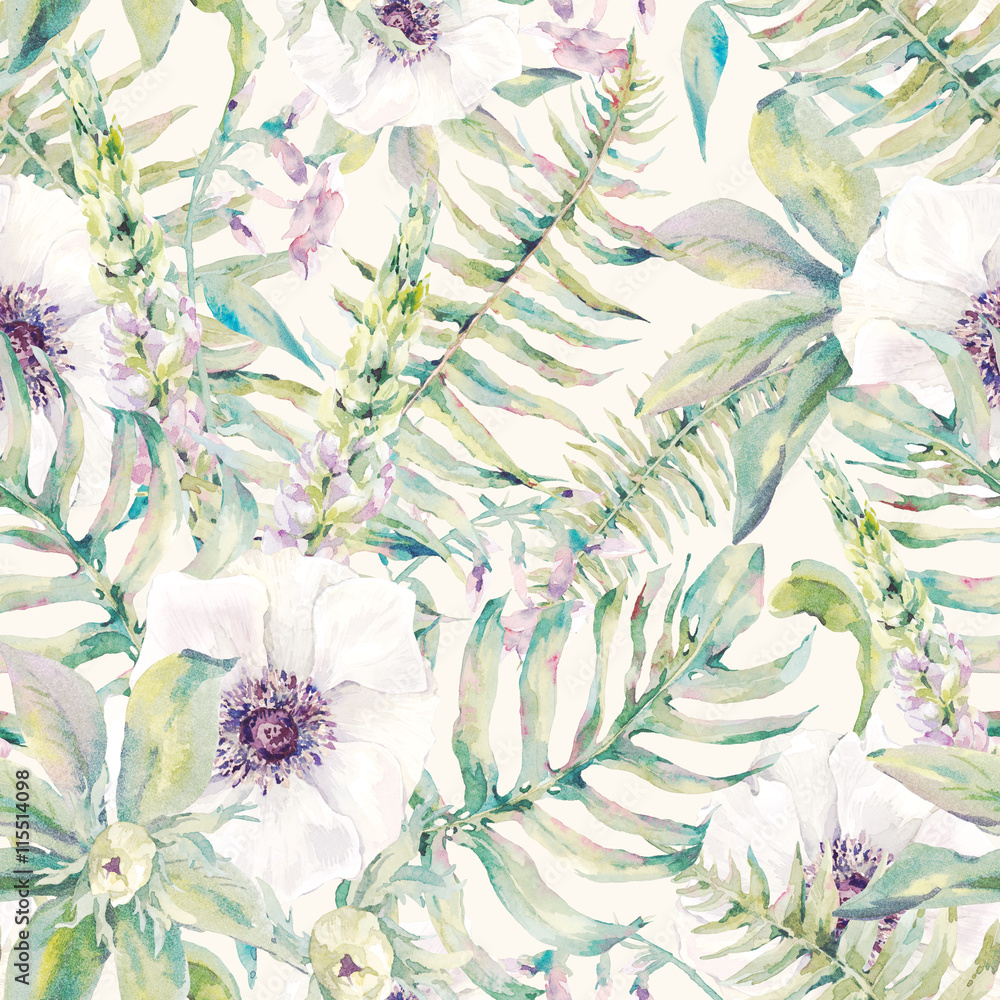 Fototapeta Watercolor leaf seamless pattern with ferns and flowers