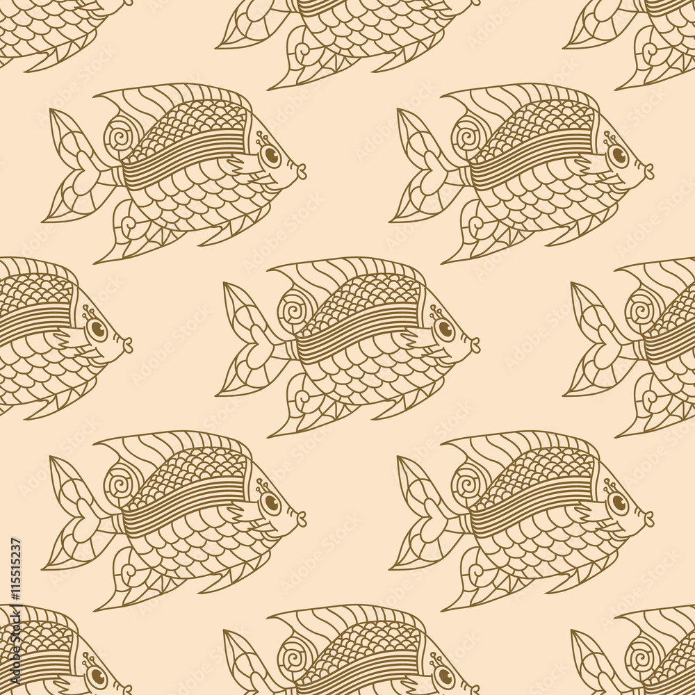 Fototapeta premium Fish Engraved Seamless Pattern