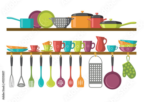 kitchen shelves and cooking utensils