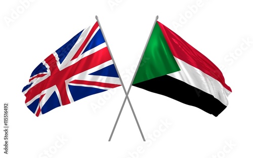 3d illustration of UK and Sudan flags together waving in the wind