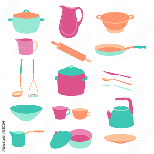Cute colorful kitchen utensil set. Flat design