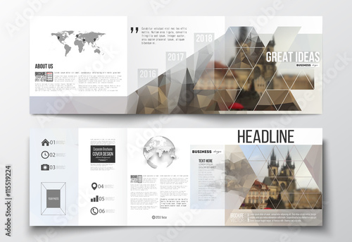 Set of tri-fold brochures, square design templates. Polygonal background, blurred image, urban landscape, Prague cityscape, modern stylish triangular vector texture.