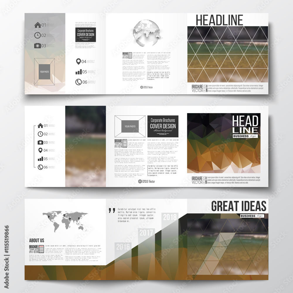 Vector set of tri-fold brochures, square design templates. Colorful polygonal backdrop, blurred natural background, modern stylish triangle texture