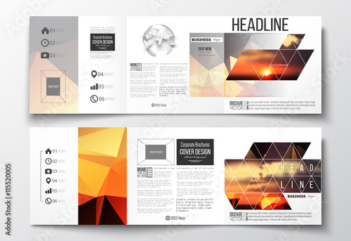 Set of tri-fold brochures, square design templates. Colorful polygonal backdrop, blurred natural background, amazing summer sunset view, modern stylish triangle vector texture
