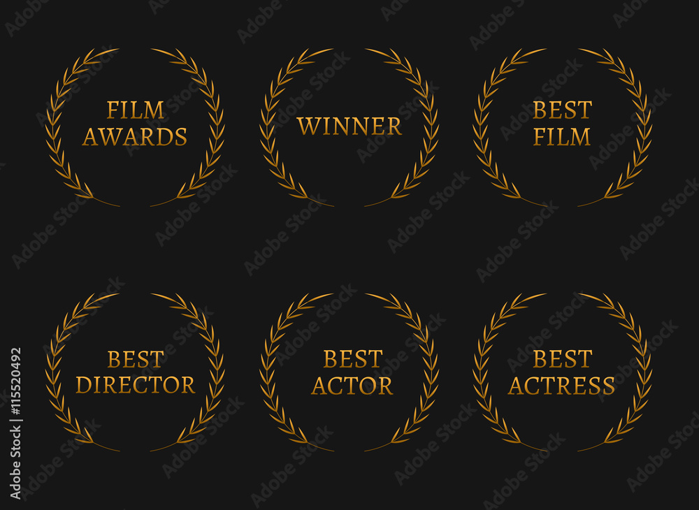 Obraz premium Film academy awards winners and best nominee gold wreaths on black background.