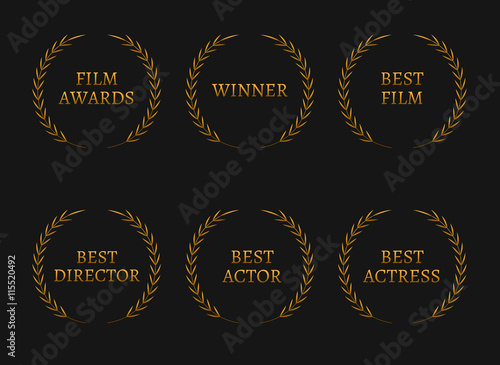 Film academy awards winners and best nominee gold wreaths on black background.