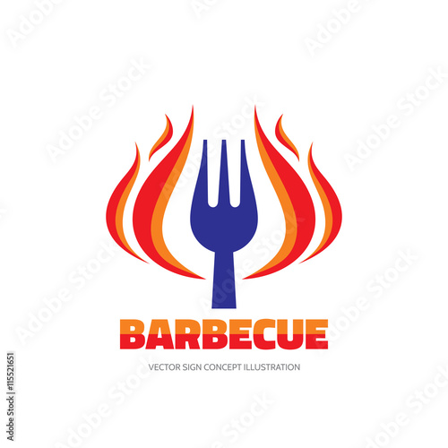 Barbecue BBQ - vector logo concept illustration in flat style. Red fire flame and fork sign. Hot grill symbol. Design element.