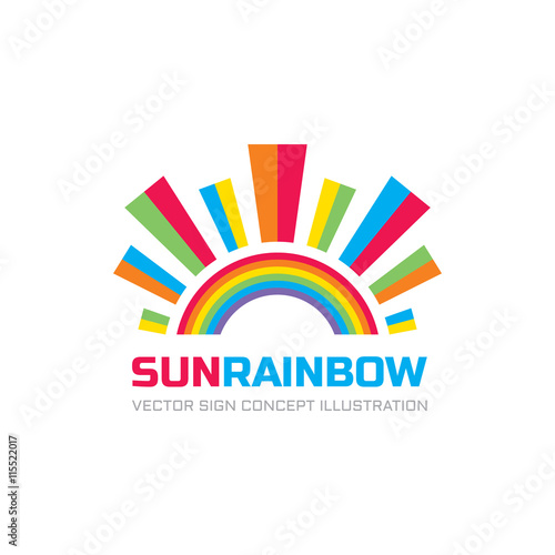 Sun rainbow - logo template vector illustration for kids development center. Happiness positive abstract sign. Colored shapes. Design element.