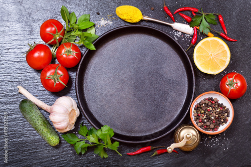 food ingredients for cooking with empty pan