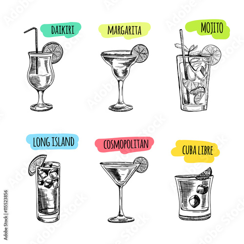 Set of cocktails and alcohol drinks. Sketch.