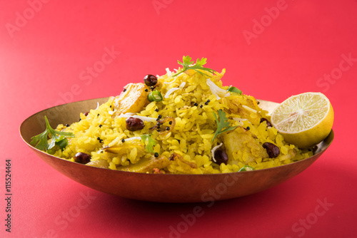 poha or aalu poha or pohe made up of beaten rice or flattened rice, favourite indian snack photo