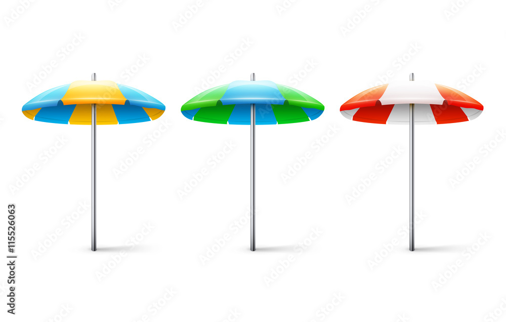 Obraz premium Set of different striped beach umbrellas isolated on white backg