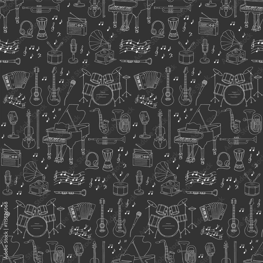 Musical instruments and symbols seamless background. Musical instruments and symbols seamless background.